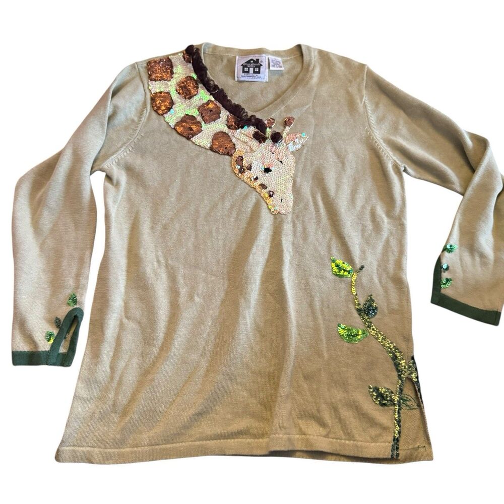 Vintage Storybook Knits V Neck Sweater Womens Medium Sequin‎ Giraffe